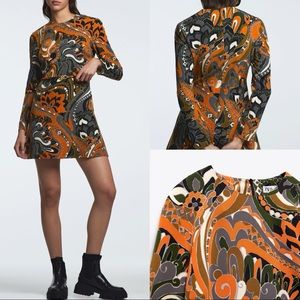 Zara Psychedelic 70s Paisley Retro Print Long Sleeve Flare Hem Dress